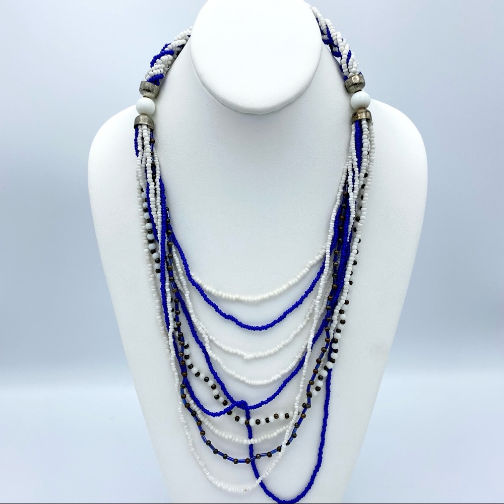 Vintage 1980s Blue & White Braided Seed Bead Tribal Inspired Statement Necklace